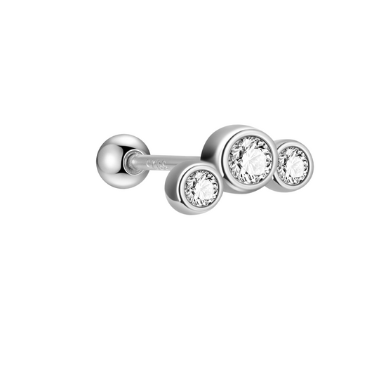 "Triple Lights" 14K White Plated Sterling Silver Bezel Set CZ Nap Earring with Screw Back