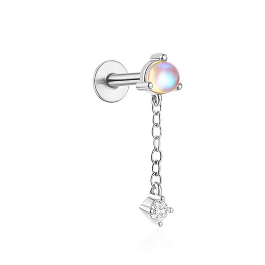 "Moonlight Muse" White Opal Dangling Drop Piercing Earring Silver Nap Cartilage Earring with Flatback