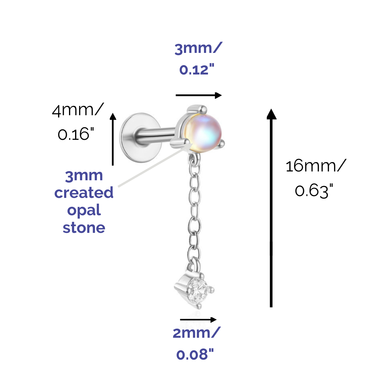 "Moonlight Muse" White Opal Dangling Drop Piercing Earring Silver Nap Cartilage Earring with Flatback