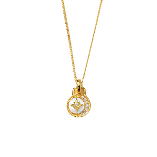 "Celestial Dream" Gold Vermeil Moon and North Star Mini Medallion White Pearl Coin Amulet Necklace