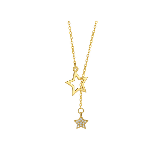 "Dreamy Stars" Dazzling Duo Star Y Drop Necklace With Cubic Zirconia Stones Celestial Jewelry