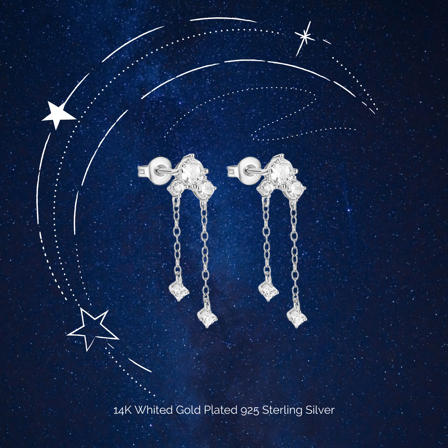 "Twinkling Stardance" 14K White Gold Plated Dazzling Star Drop Earrings