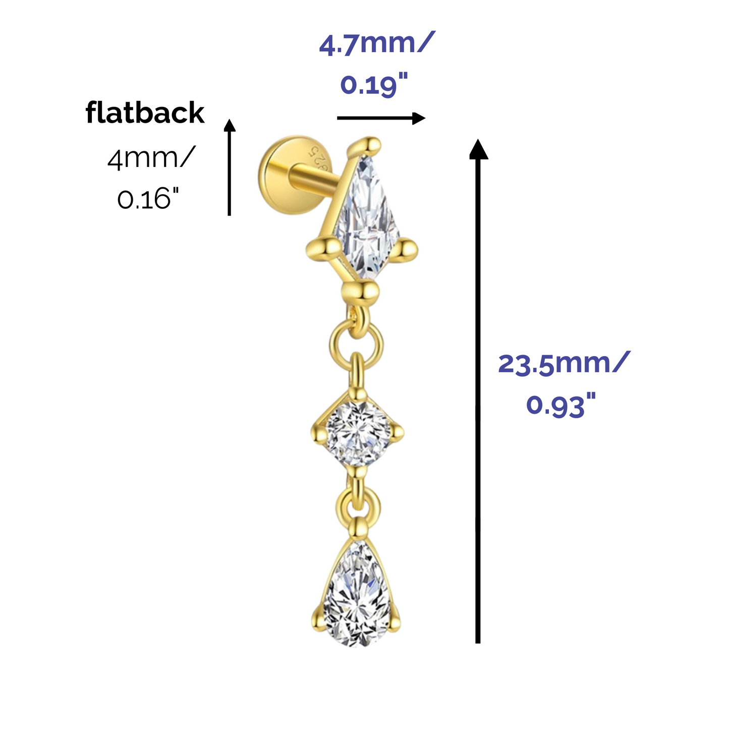 "Celestial Trio" Yellow Fancy Stone Dangling Drop Piercing Earring Silver Flatback Nap Earring