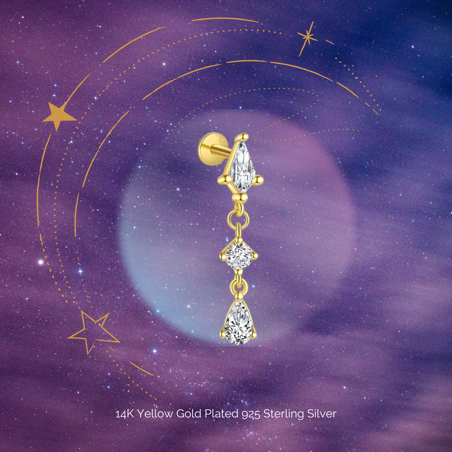 "Celestial Trio" Yellow Fancy Stone Dangling Drop Piercing Earring Silver Flatback Nap Earring