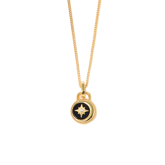 "Celestial Guardian" Moon and North Star Mini Medallion Black Onyx Coin Amulet Necklace