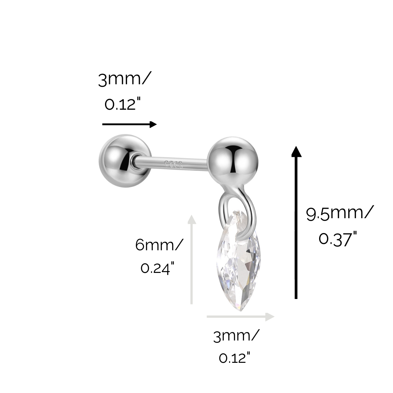 "Starlight Dew" Marquise Shape Stone Silver Dangling Drop Piercing Earring With Ball Back