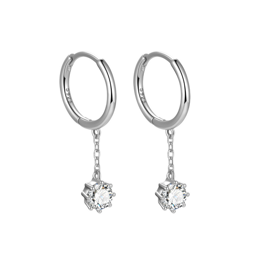 "Starlight" 14K White Gold Plated Drop Hoop Huggies Hoop with CZ Stones