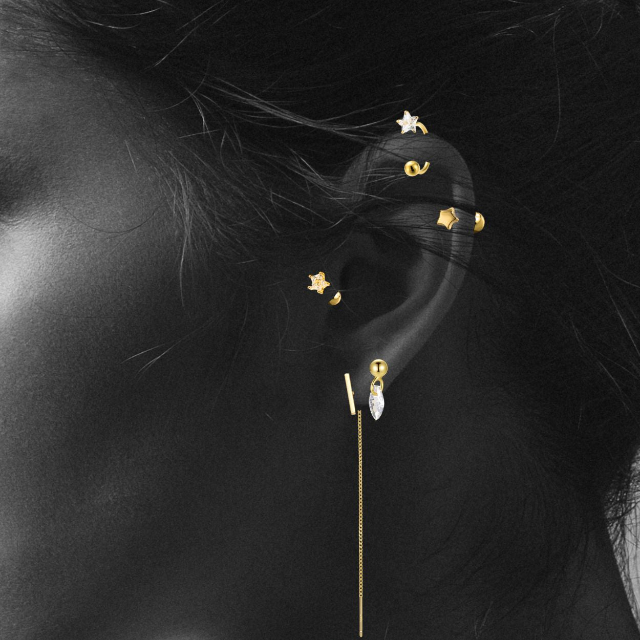 "Starlight Dew" Marquise Shape Stone Yellow Dangling Drop Piercing Earring With Ball Back