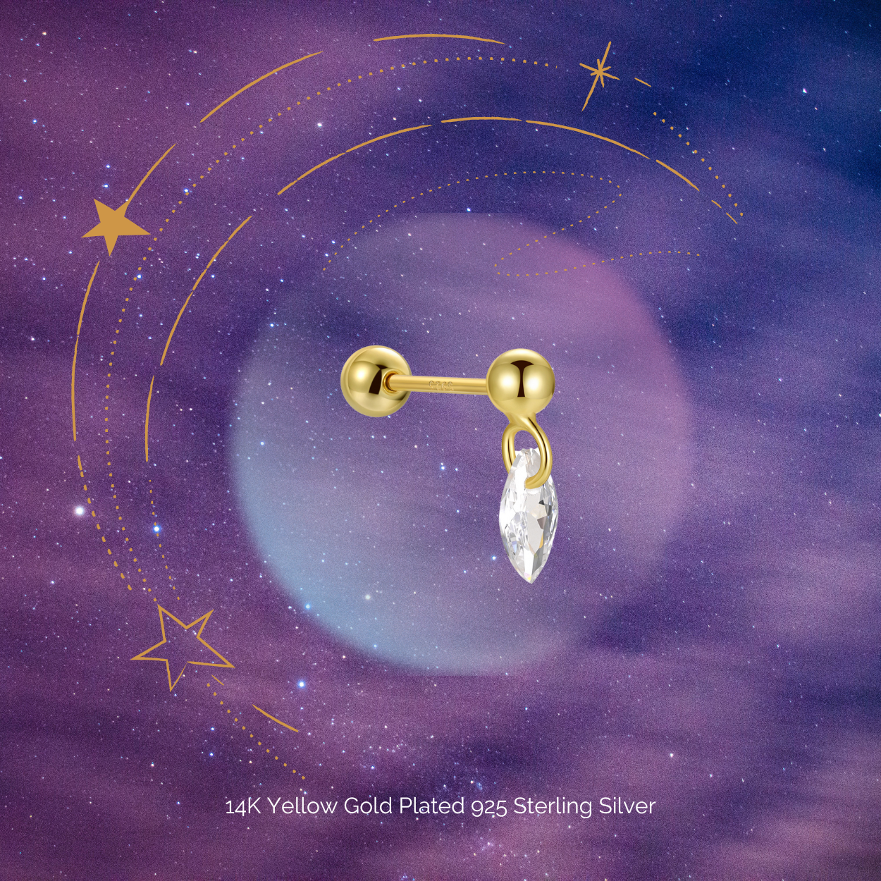 "Starlight Dew" Marquise Shape Stone Yellow Dangling Drop Piercing Earring With Ball Back