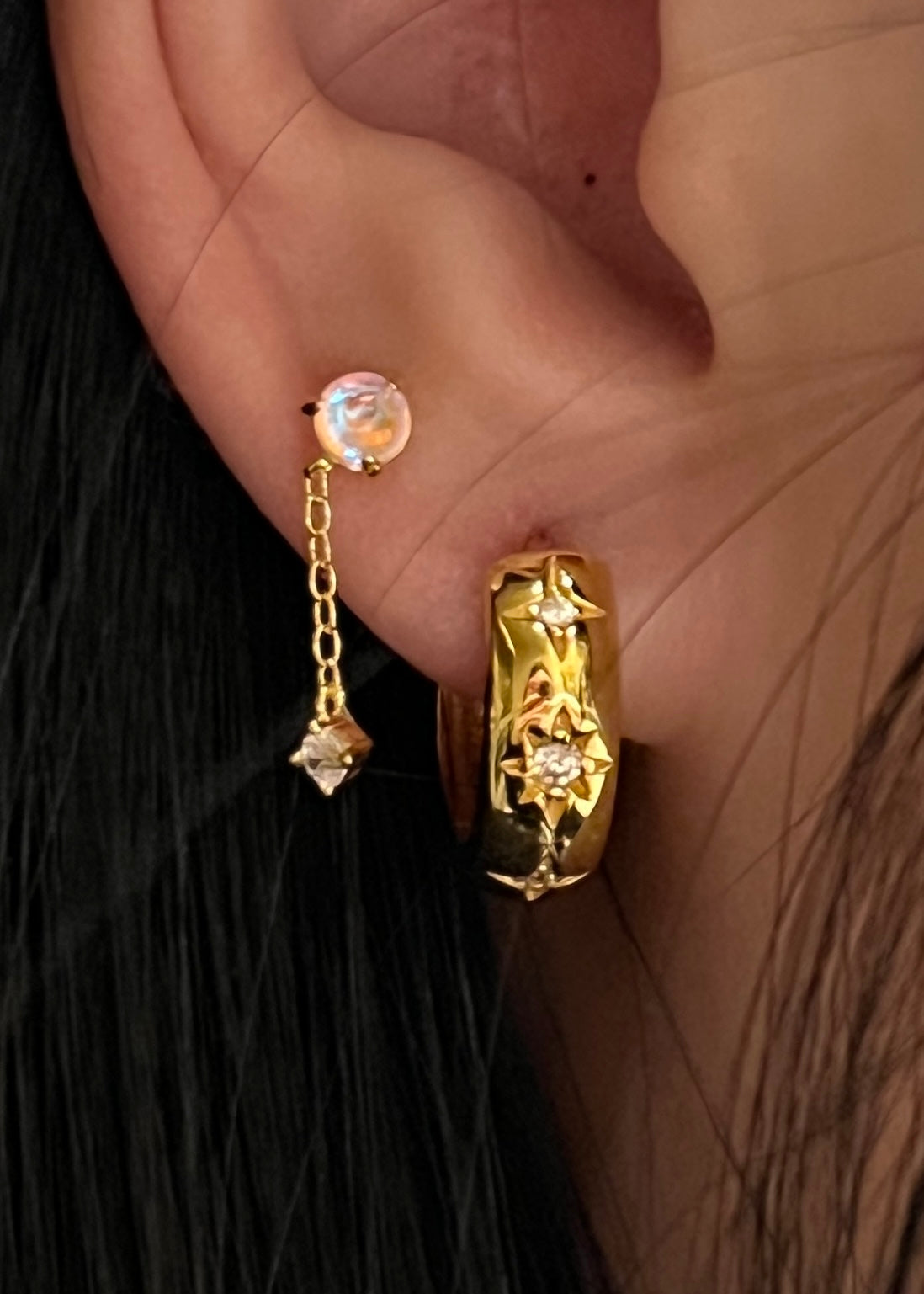 "Moonlight Muse" Pink Opal Dangling Drop Piercing Earring Yellow Nap Cartilage Earring with Flatback