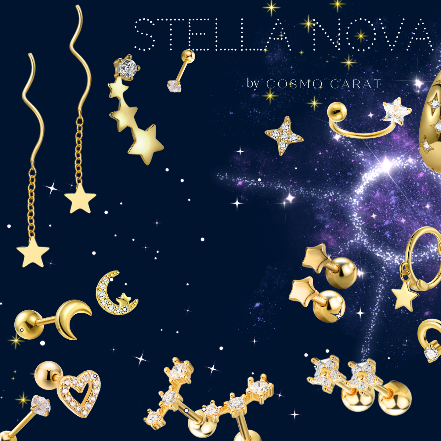 "Moon and Star" 14K Yellow Gold Plated Nap Earrings with CZ Stones Everyday Cartilage Helix Celestial Piercing Earrings