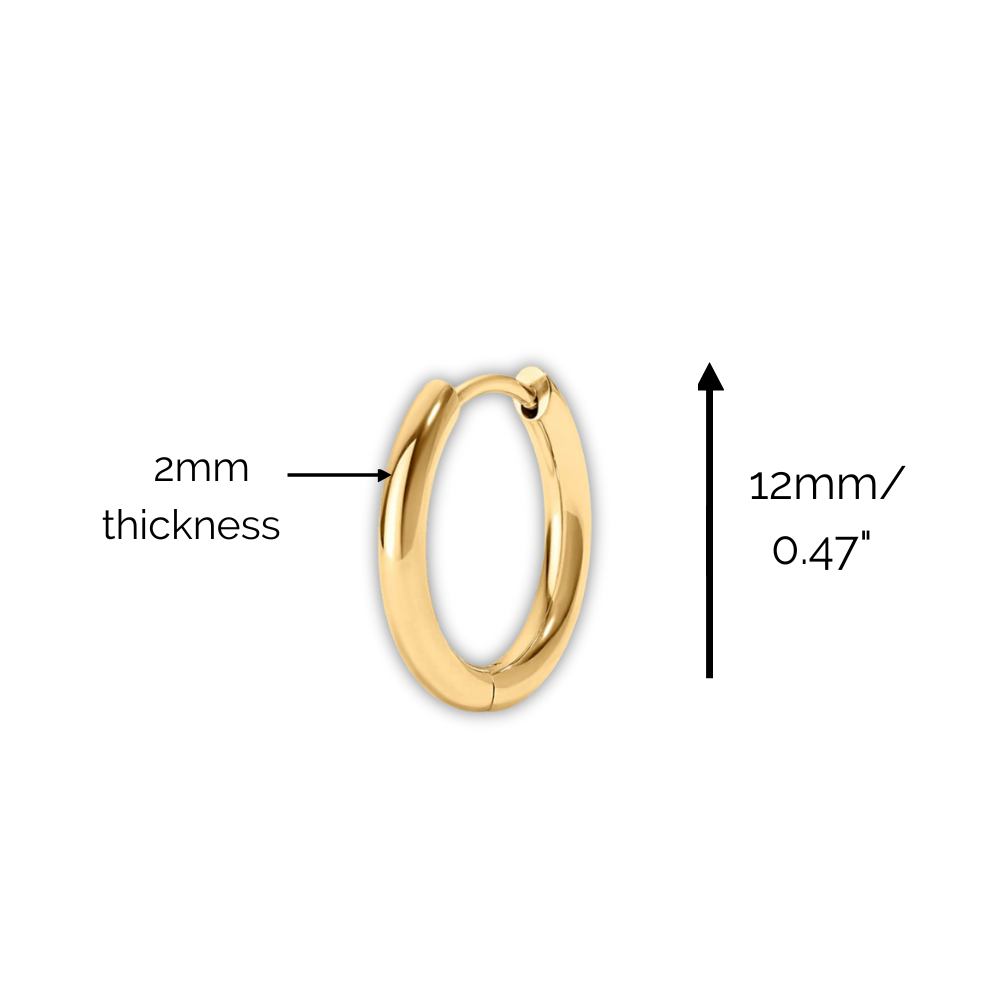"Nova" 14K Yellow Gold Plated 925 Sterling Silver Huggie Hoop Earrings 12mm