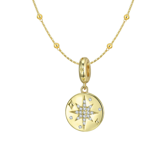 "HOPE" 14K Yellow Gold Plated 925 Sterling Silver North Star Medallion Necklace CZ Round Disc Charm Pendant Necklace Jewelry Gift