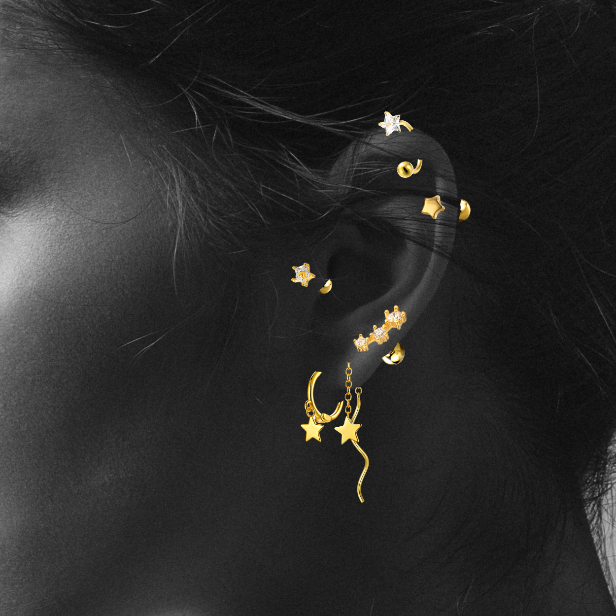 "Endless Star Hoops" 14K Yellow Plated Dangling Mini Star Hoop Earrings