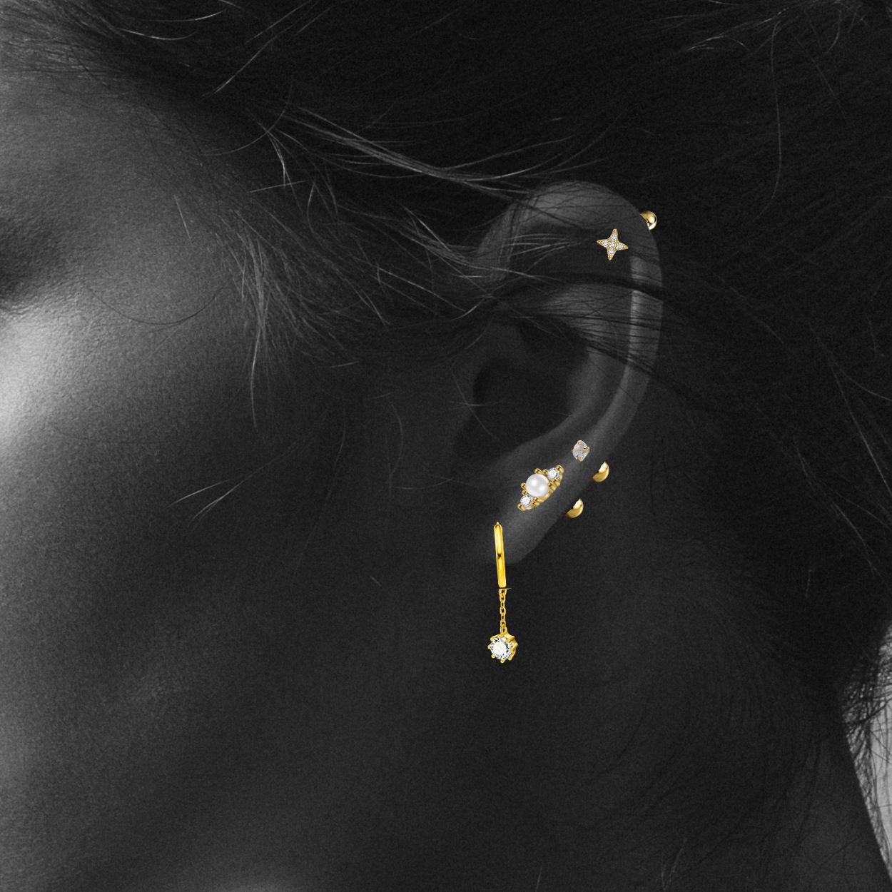 "Moon and Star" 14K Yellow Gold Plated Nap Earrings with CZ Stones Everyday Cartilage Helix Celestial Piercing Earrings