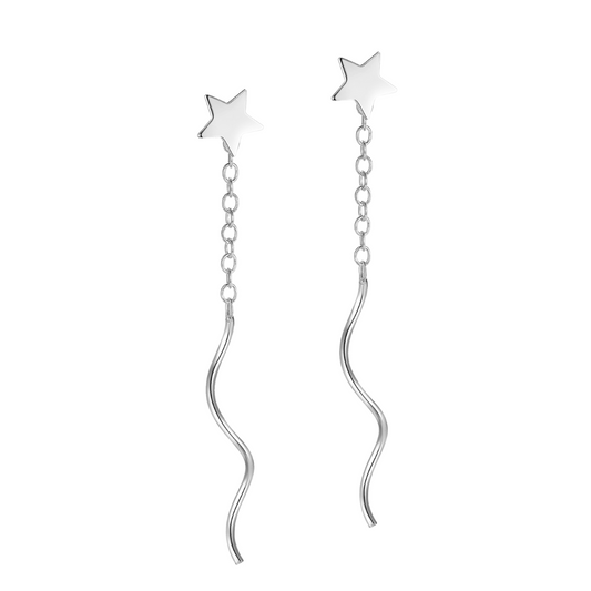 "Mini Shooting Star" 14K White Plated Dangling Mini Star Threader Earrings