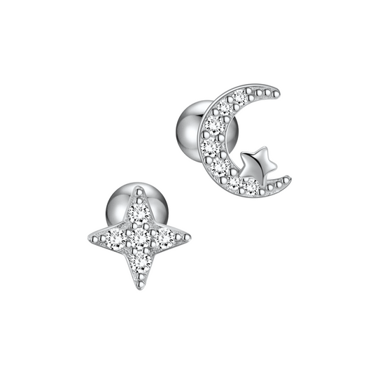 "Moon and Star" 14K White Gold Plated Nap Earrings with CZ Stones Everyday Cartilage Helix Celestial Piercing Earrings