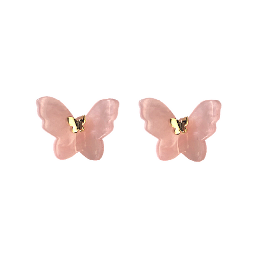 Pink Butterfly Studs 14K Yellow Gold Plated 925 Sterling Silver