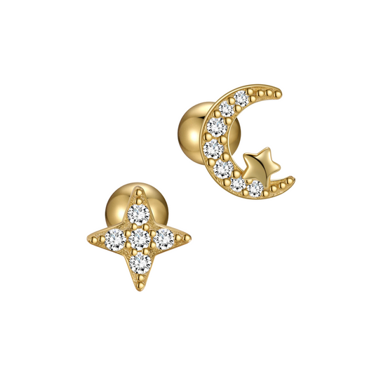 "Moon and Star" 14K Yellow Gold Plated Nap Earrings with CZ Stones Everyday Cartilage Helix Celestial Piercing Earrings