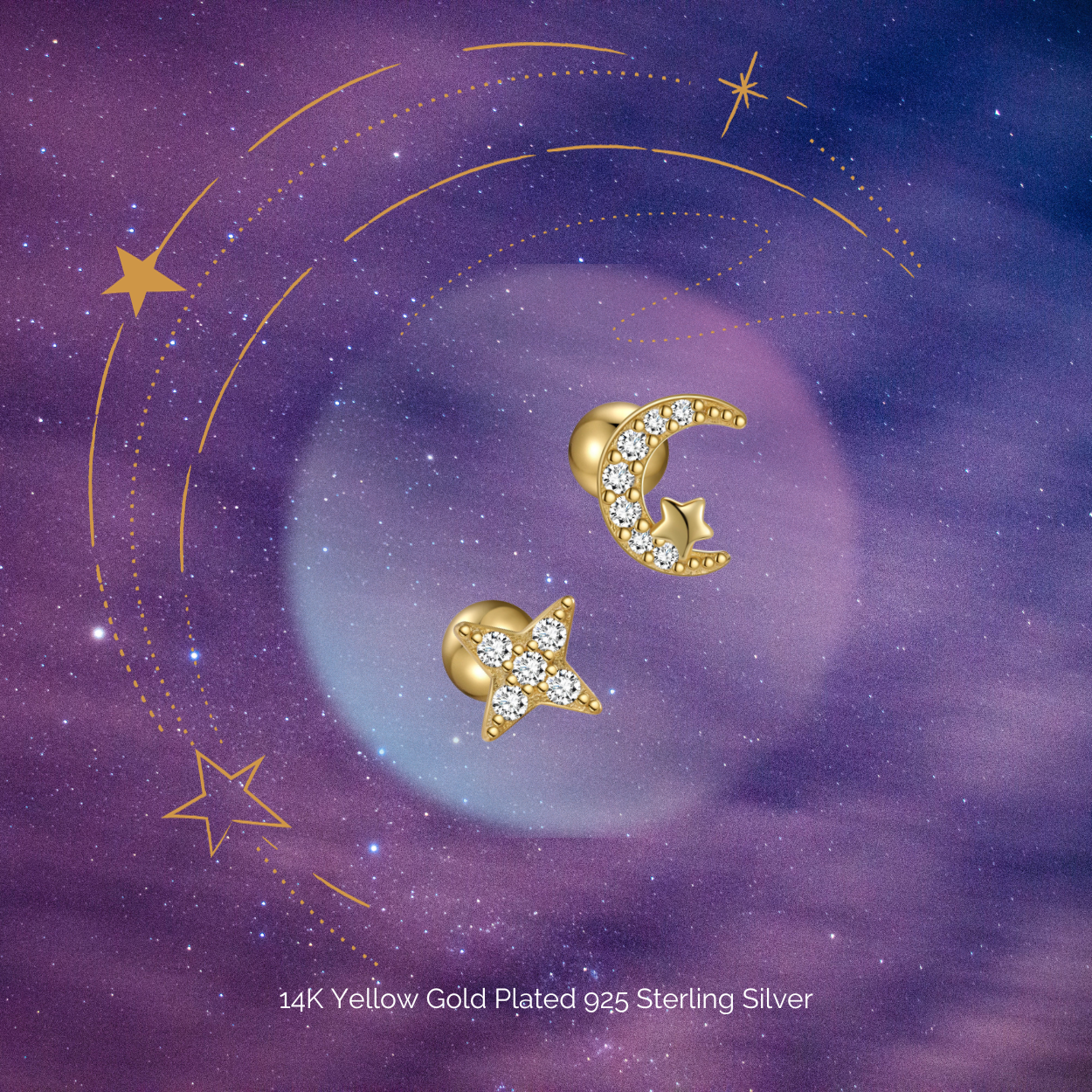 "Moon and Star" 14K Yellow Gold Plated Nap Earrings with CZ Stones Everyday Cartilage Helix Celestial Piercing Earrings