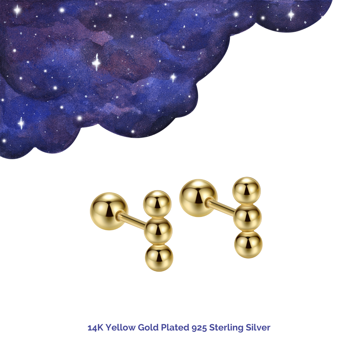 "Triple Orb Bar" 14K Yellow Gold Plated Polished Nap Earring with Screw Back