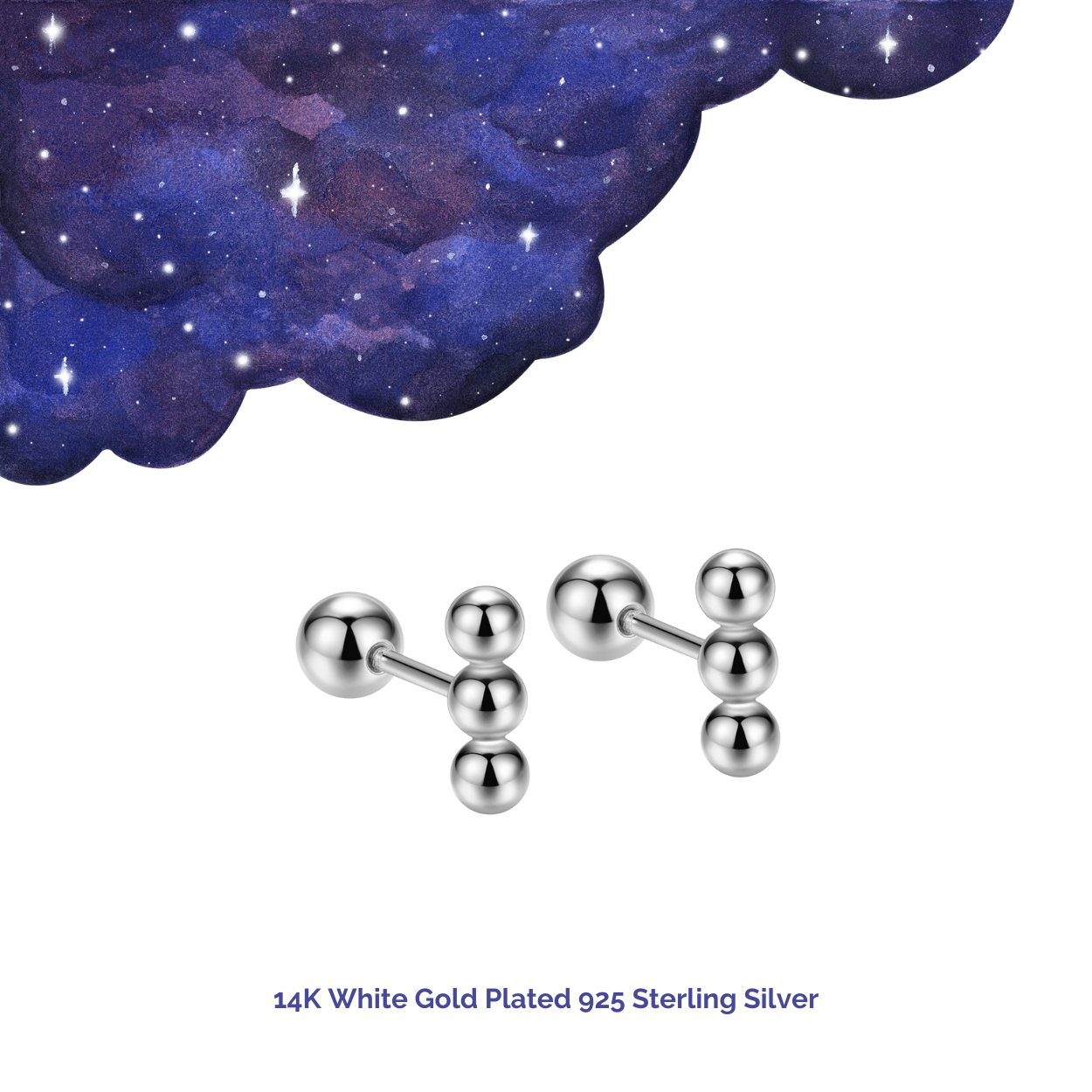 "Triple Orb Bar" 14K White Gold Plated Polished Nap Earring with Screw Back