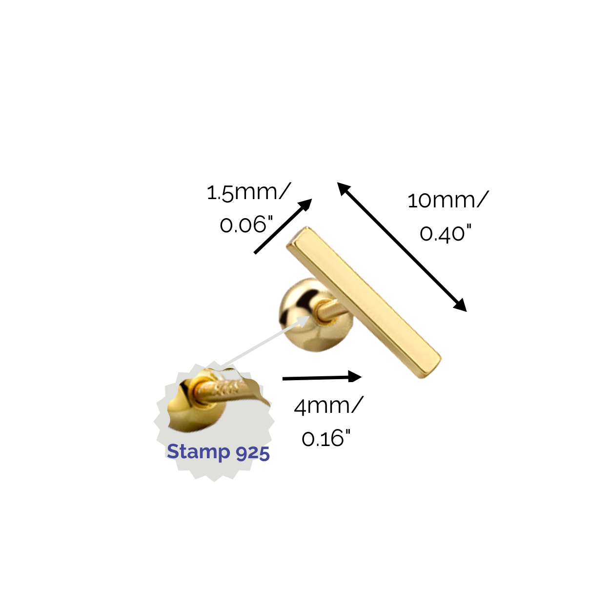 "Sleek Bars" 14K Yellow Plated Polished Nap Piercing Earring with Screw Back