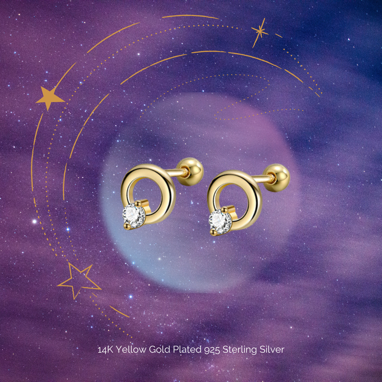 "Starbeam" 14K Yellow Gold Plated Piercing Earring Halo Circle Screw On Barbell Studs