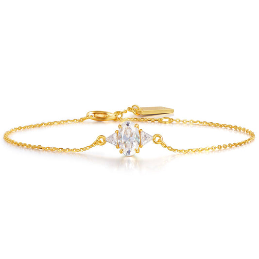 "New Approval" Three Stone Oval Shape Colorless Moissanite Stones Bracelet in 18K Yellow Gold Plated 925 Sterling Silver