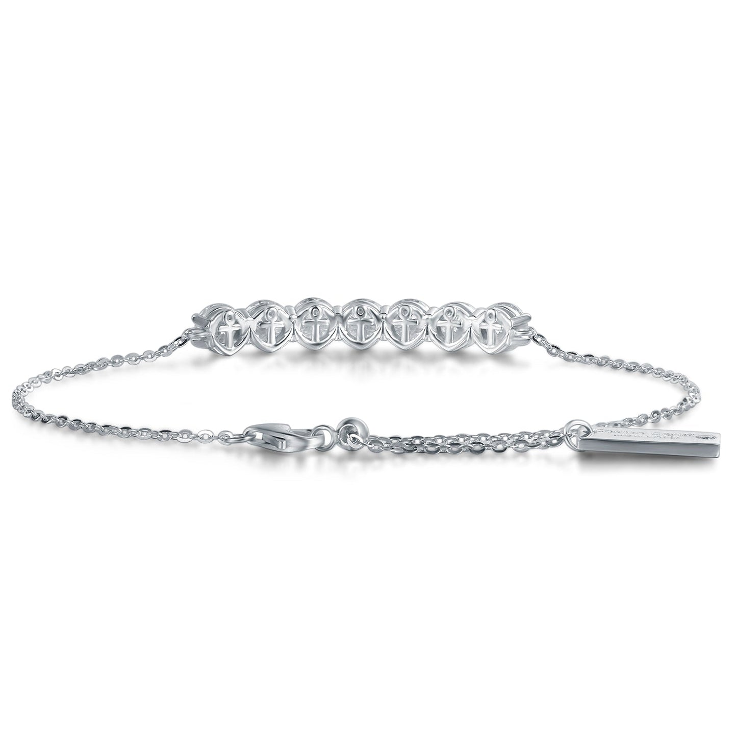 "7 Stones Friendship" Pave Moissanite 18K White Gold Plated 925 Sterling Silver Anchor Bracelet