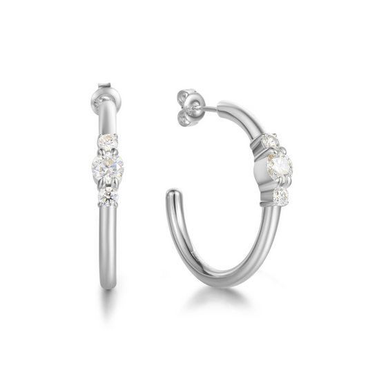 "Wishful Promise" Three Stone White Gold Plated Moisssanite Hoops