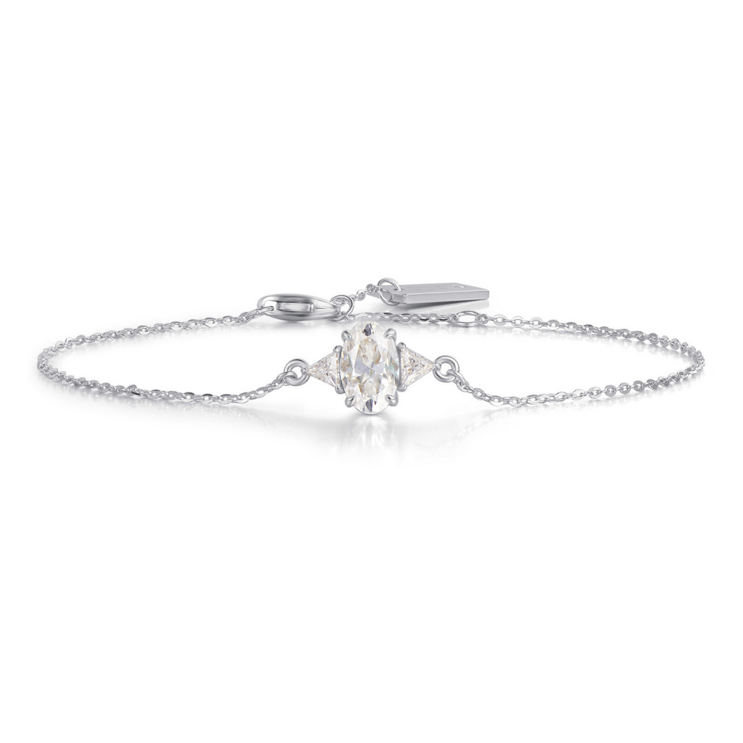 "New Approval" Three Stone Oval Shape Colorless Moissanite Stones Bracelet in 18K White Gold Plated 925 Sterling Silver